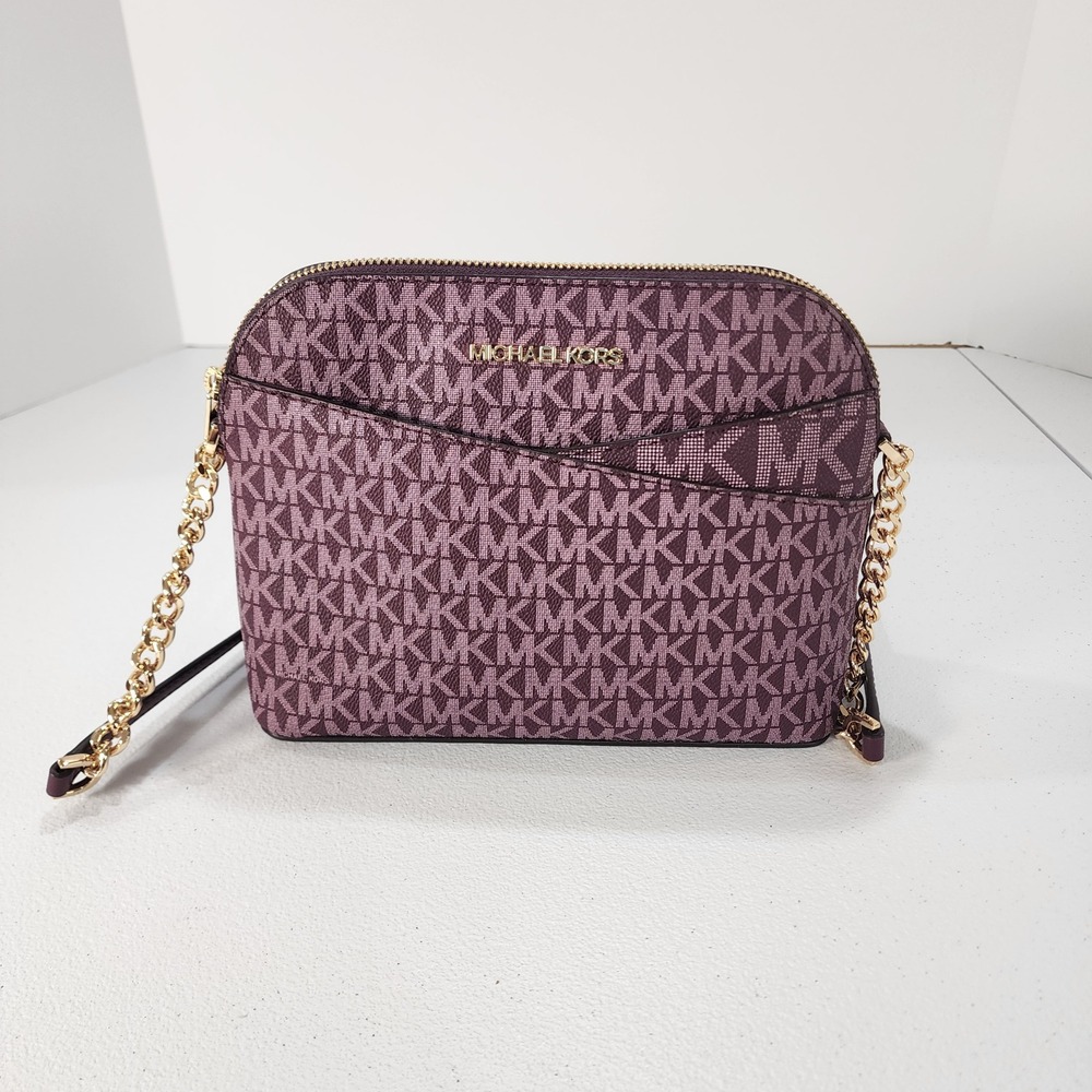 Michael Kors Jet Set Large East West Crossbody Bag Logo Plum Purple Gold Tone